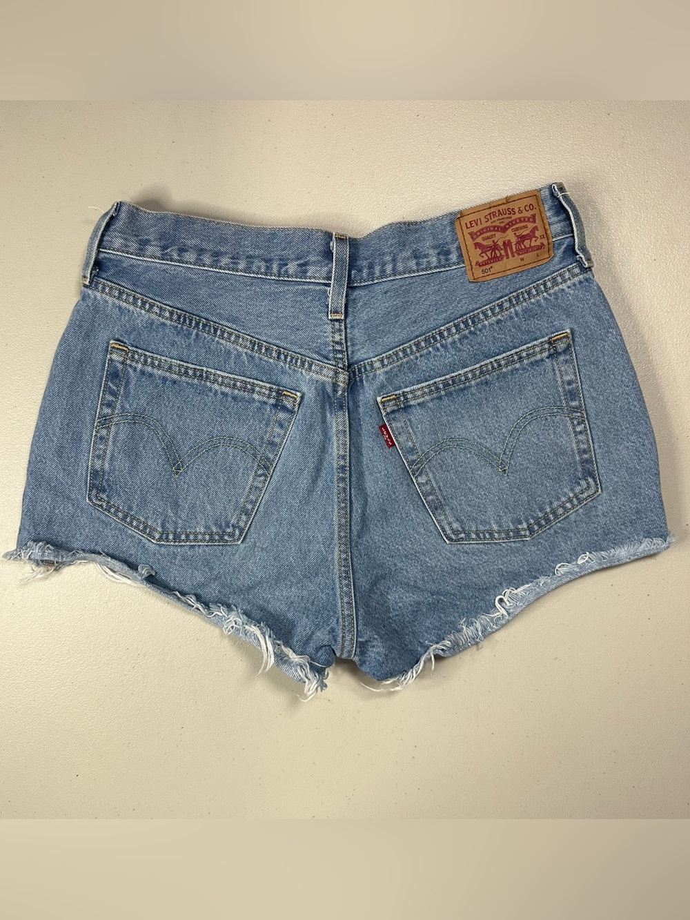 Levi's 501 Light Blue Distressed Denim Jean Shorts - Picture 3 of 9